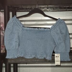 Bar III Light Blue Smocked Puff-Sleeve Crop Top